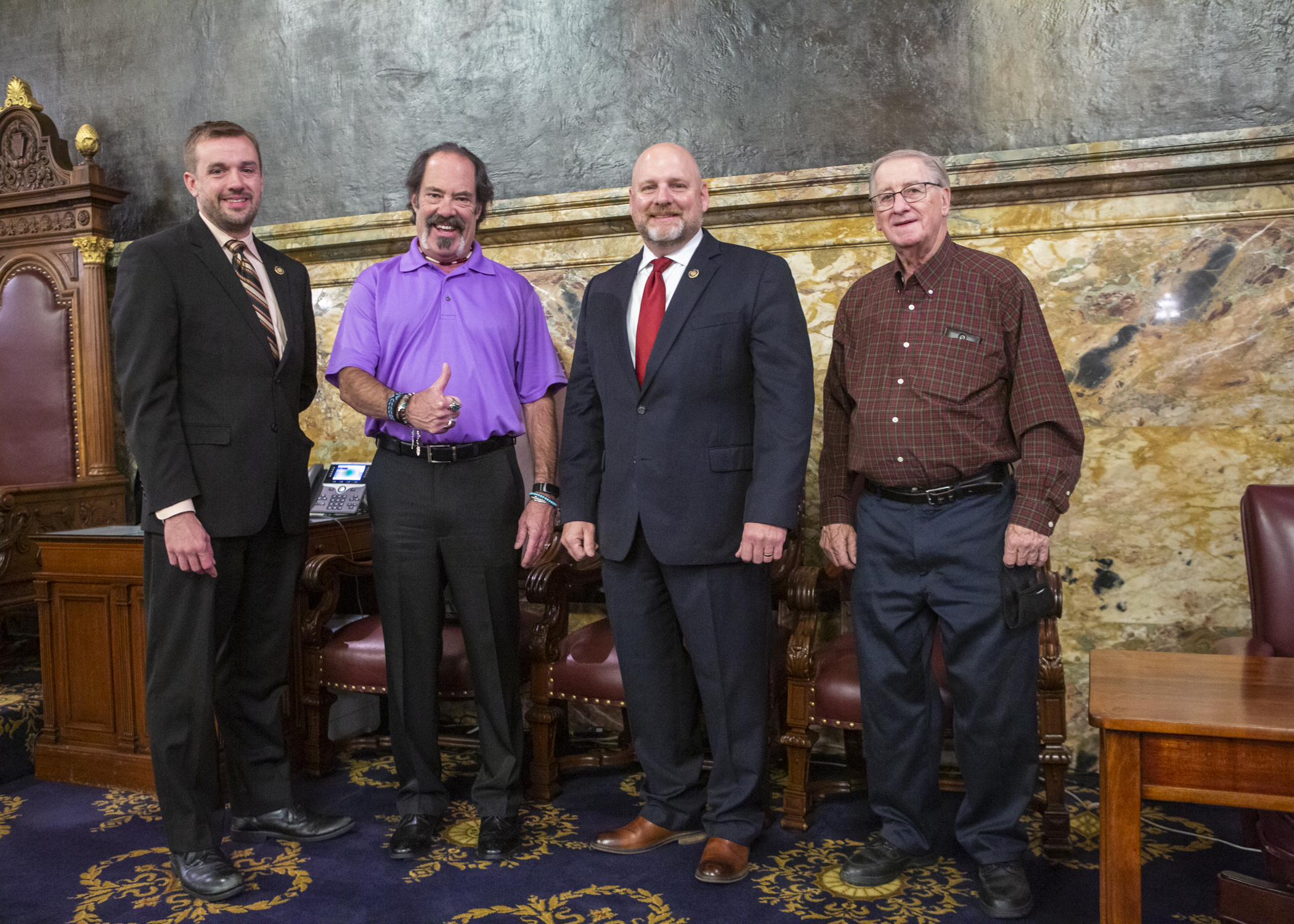 A photo of Heffley and John Thorpe (purple shirt) is attached. Also pictured (from left) are House Speaker Bryan Cutler (R-Lancaster) and Ray Brader, Jim Thorpe Birthday Celebration Committee member.